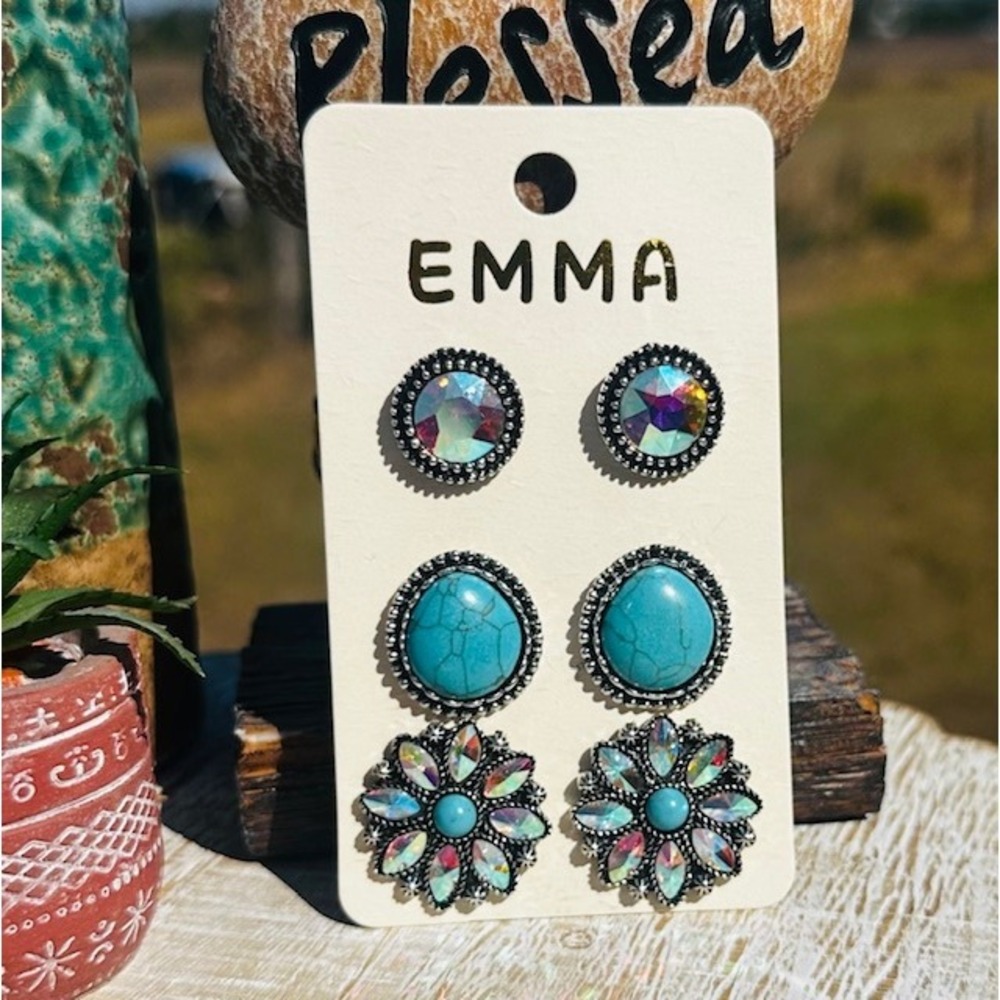 Emma Earrings Set of 3 Stud AB Turquoise Flower Western Jewelry